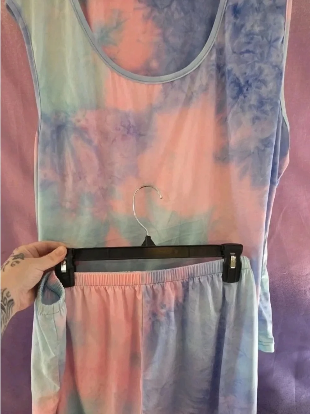 Tie-Dye Scoop Neck Tank & Lounge Shorts Set - Pink Blue